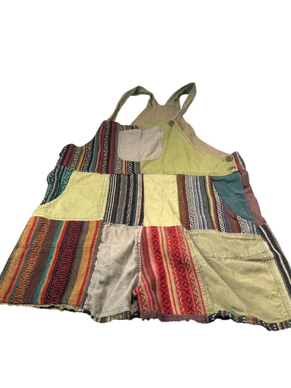 Kathmandu Imports Patchwork Cotton Short Overalls Womens Pockets Boho Raw Hem